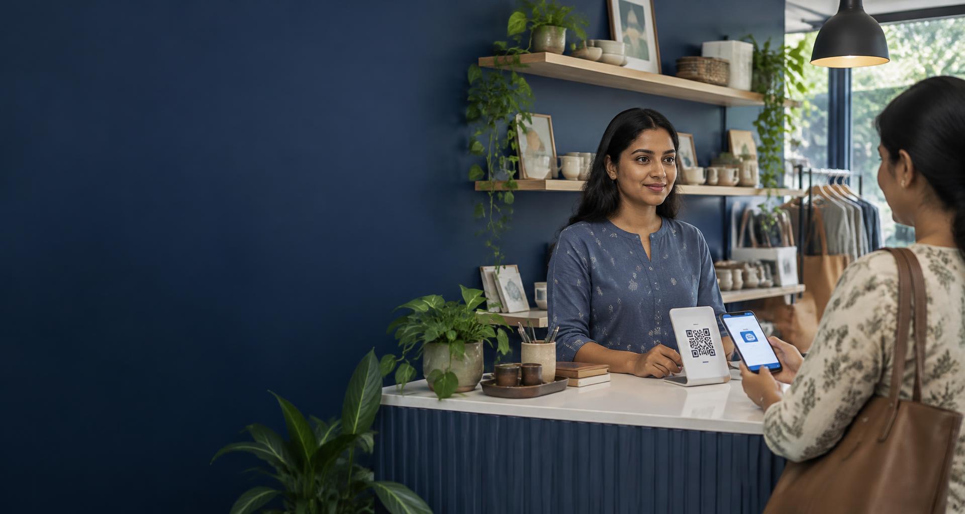 An Indian shop owner helping a customer make a mobile payment